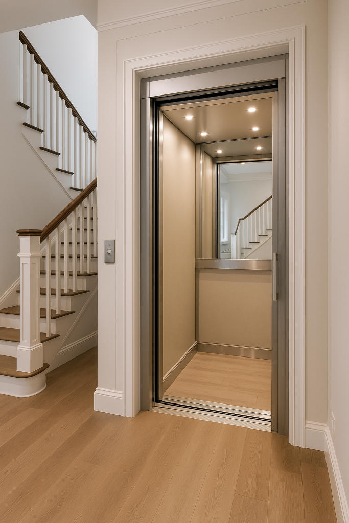 Elevador residencial moderno de vidrio y acero instalado dentro de una casa elegante con escalera de madera.