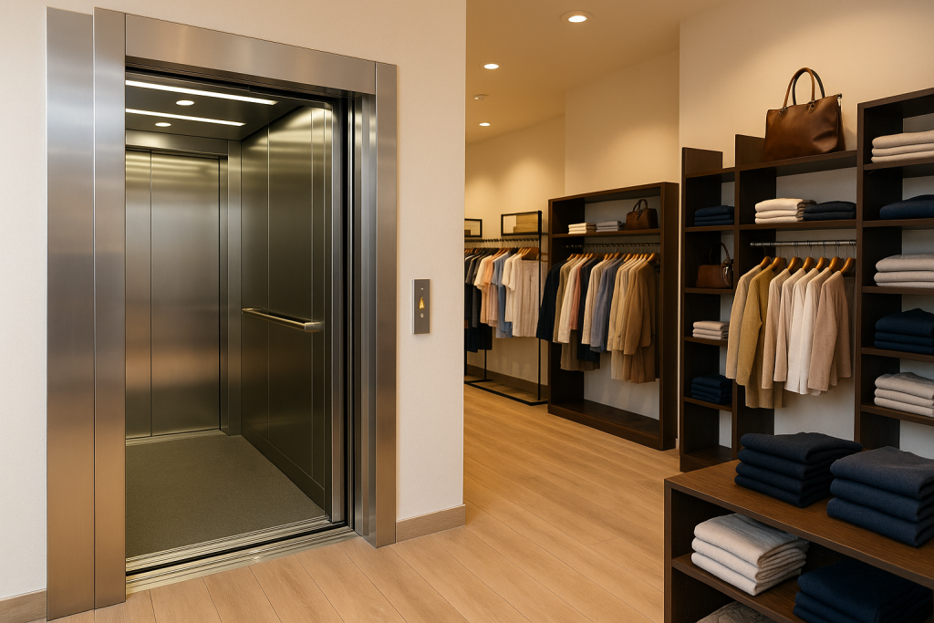 Elevador comercial moderno integrado en un pequeño negocio de ropa con diseño minimalista.