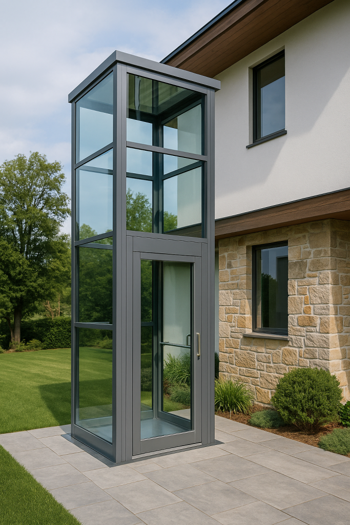 Elevador exterior de vidrio y metal instalado en la fachada de una casa moderna con jardín