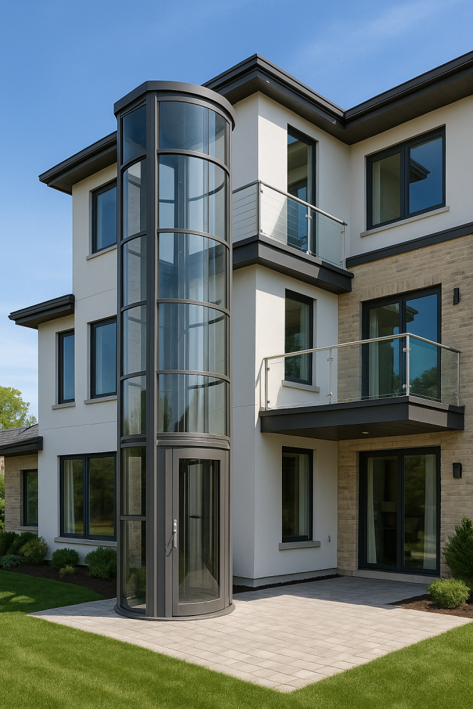 Elevador exterior cilíndrico de vidrio y acero adosado a la fachada de una casa moderna de tres pisos con balcones y jardín cuidado
