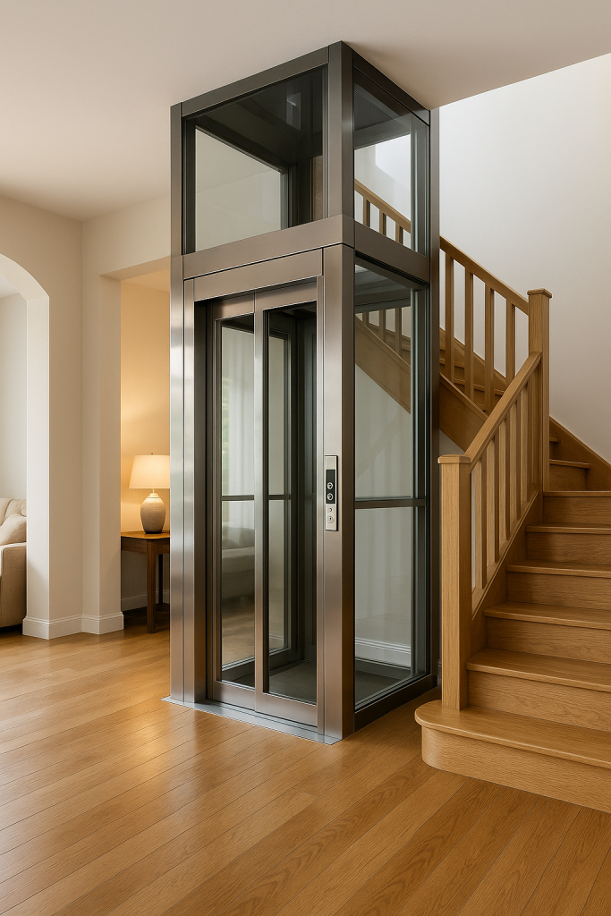 Elevador residencial de vidrio y acero inoxidable integrado en una casa moderna, ubicado junto a una escalera de madera y un ambiente acogedor