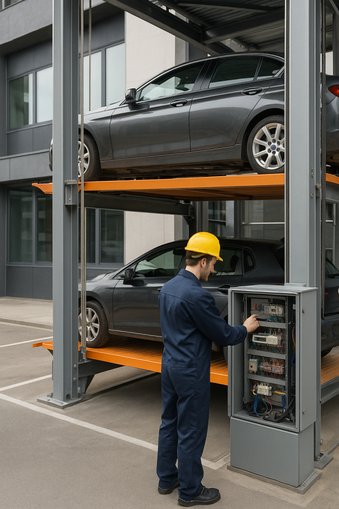 Técnico con casco y uniforme revisando el panel de control de una torre de estacionamiento moderna en un entorno urbano