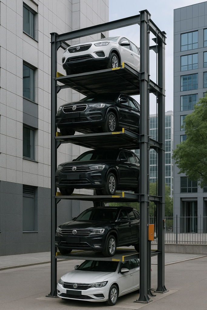 Torre de estacionamiento moderna en ciudad, con autos distribuidos en plataformas verticales de varios niveles