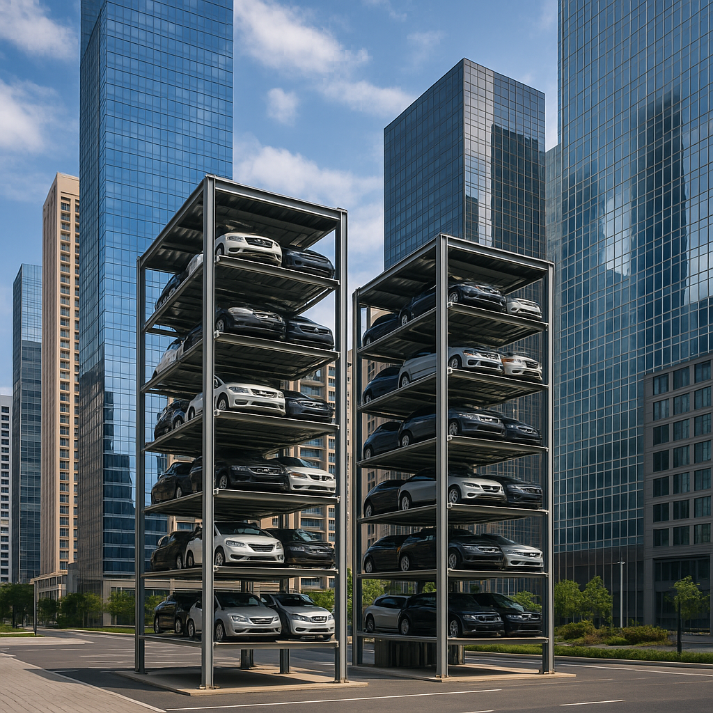 torres de estacionamiento vertical modernas con autos en varios niveles en una ciudad con rascacielos