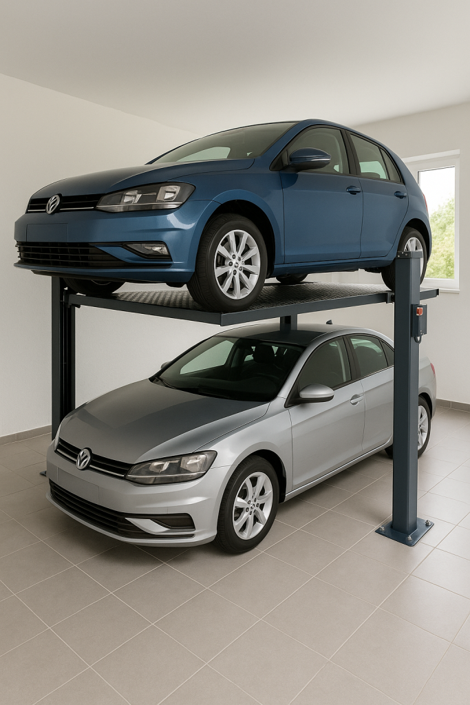 elevador para autos moderno en un garaje residencial con un vehículo elevado