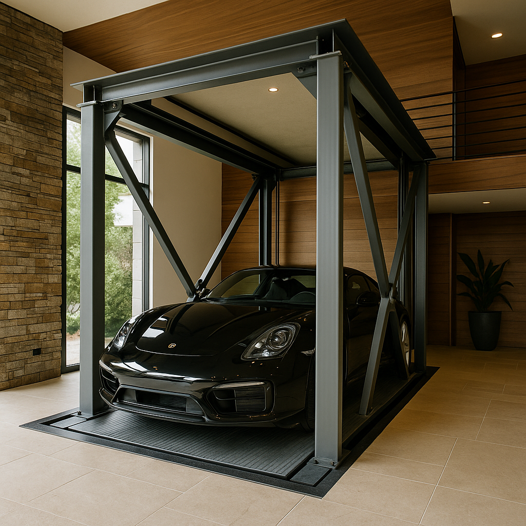 elevador de lujo para autos en residencia moderna con coche deportivo y estructura metálica elegante