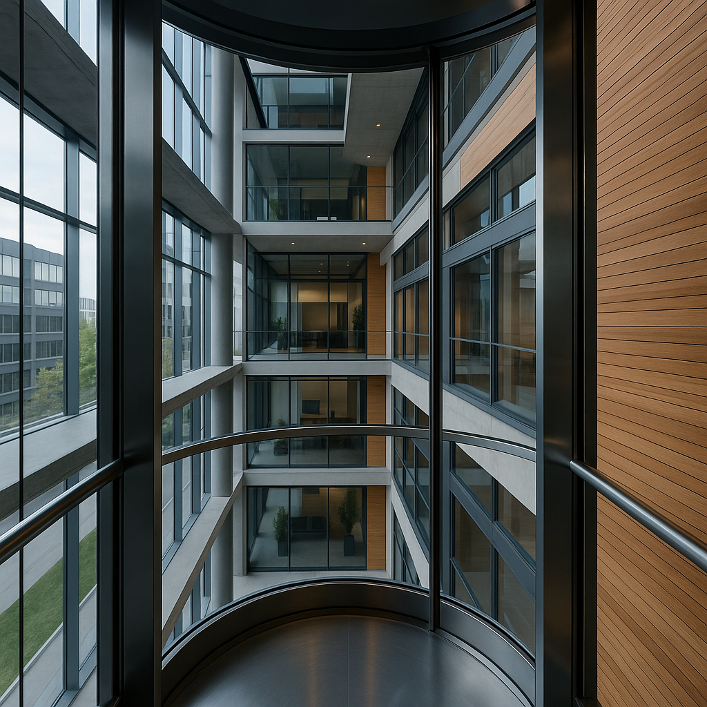 elevador moderno de vidrio integrado en edificio contemporáneo con luz natural