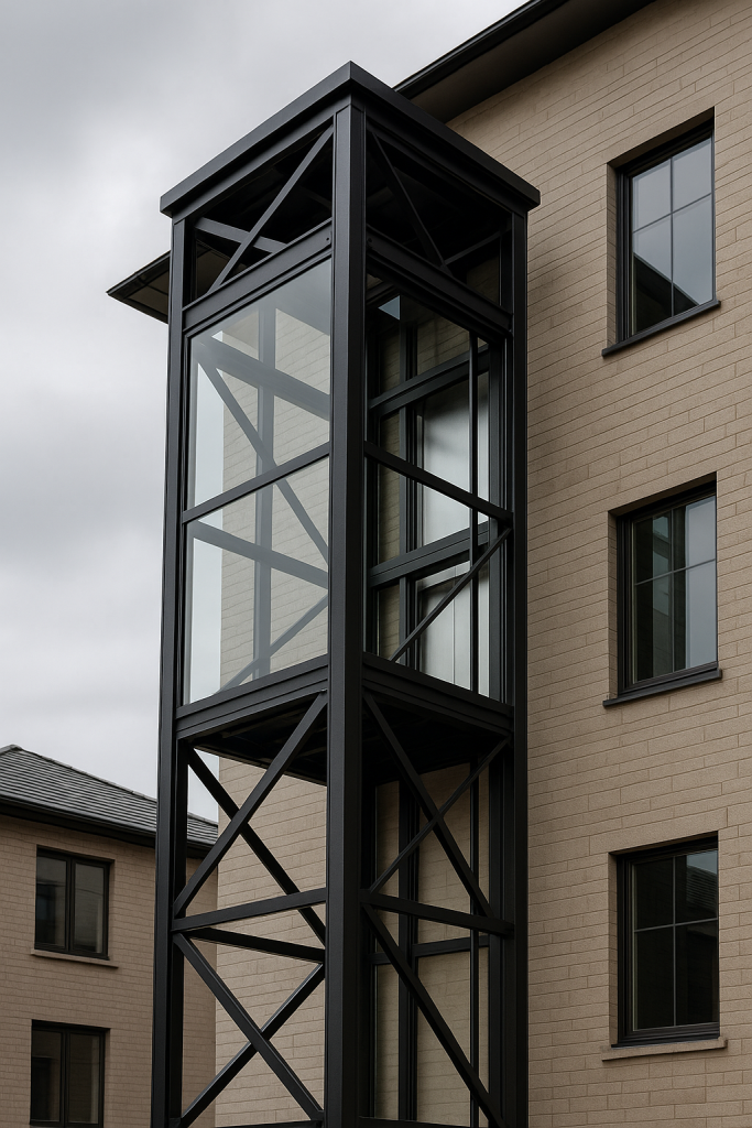 elevador exterior de vidrio con estructura metálica negra junto a edificio moderno