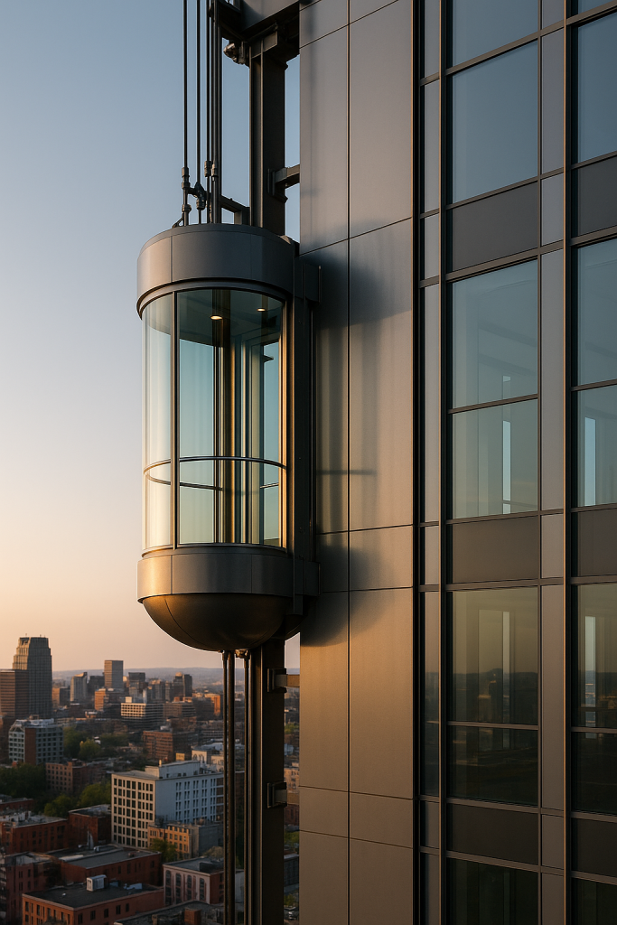 elevador panorámico exterior de vidrio instalado en edificio moderno con vista urbana