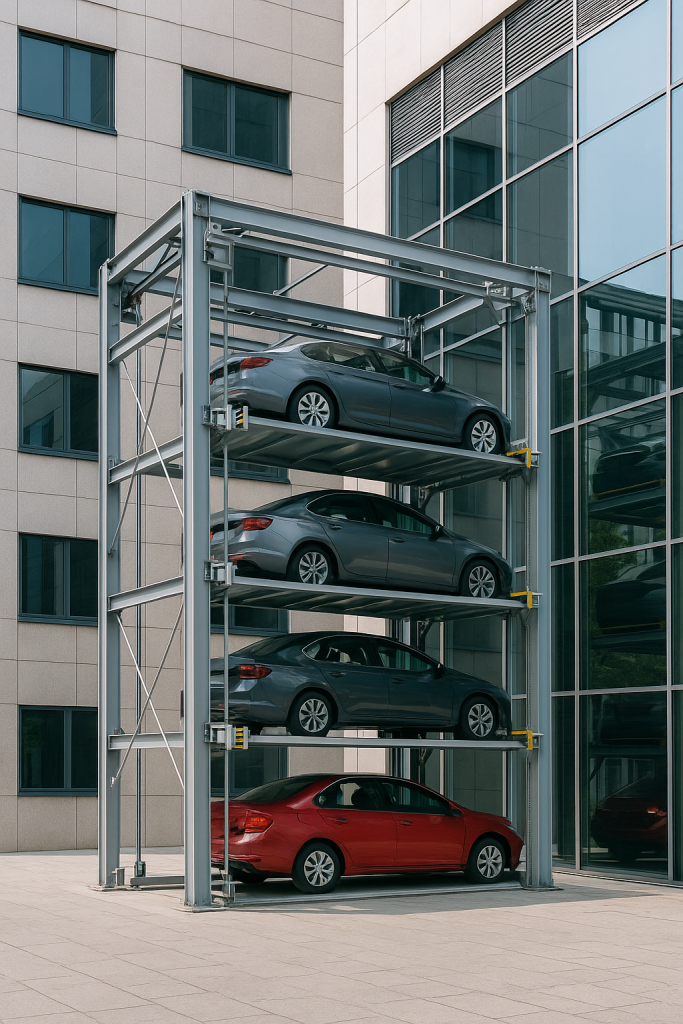 elevadores de estacionamiento automatizado en una estructura vertical con autos en diferentes niveles