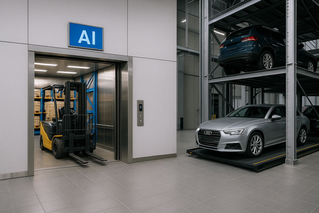 ilustración moderna de elevadores y torres de estacionamiento con inteligencia artificial