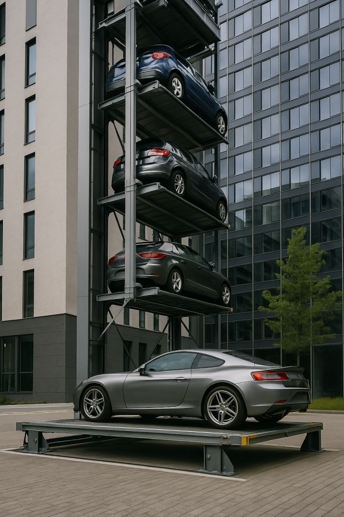 torre de estacionamiento automatizada moderna con autos apilados en estructura metálica urbana
