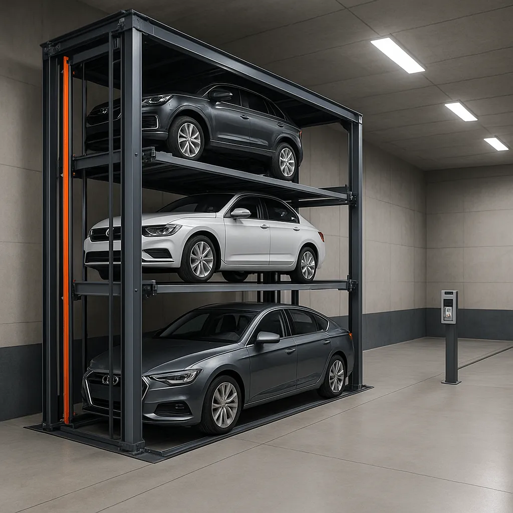 Torre de estacionamiento automatizada con varios autos elevándose dentro de un garaje moderno