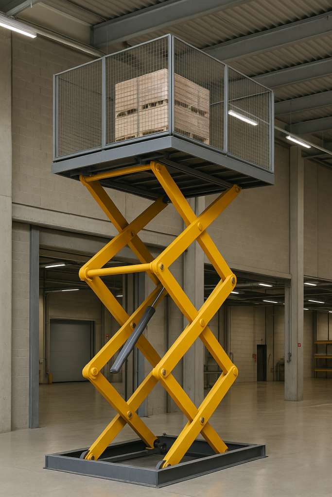 Elevador montacargas hidráulico levantando una plataforma industrial con carga pesada en un almacén