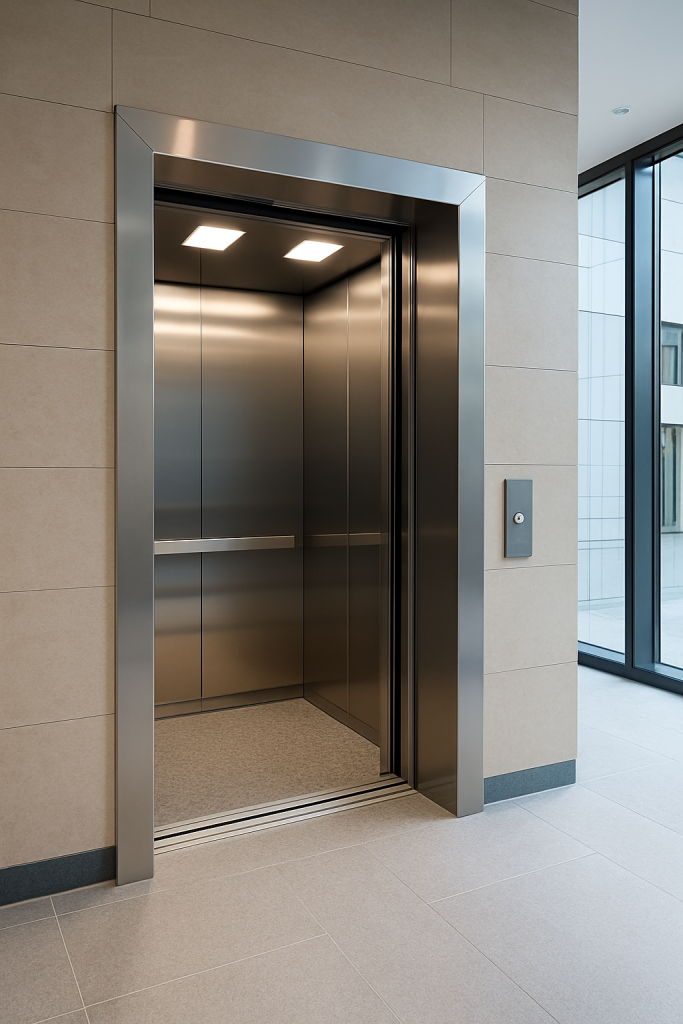 Elevador moderno con puertas abiertas en un edificio contemporáneo iluminado y de diseño minimalista