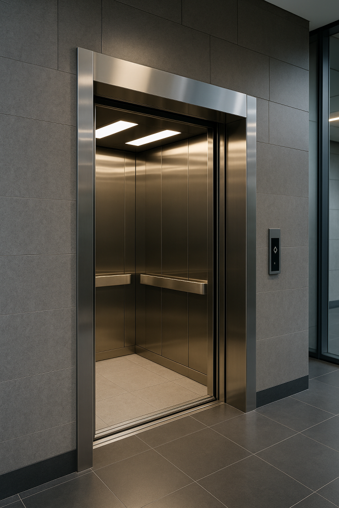 Elevador comercial moderno en un edificio empresarial, con cabina amplia y puertas automáticas