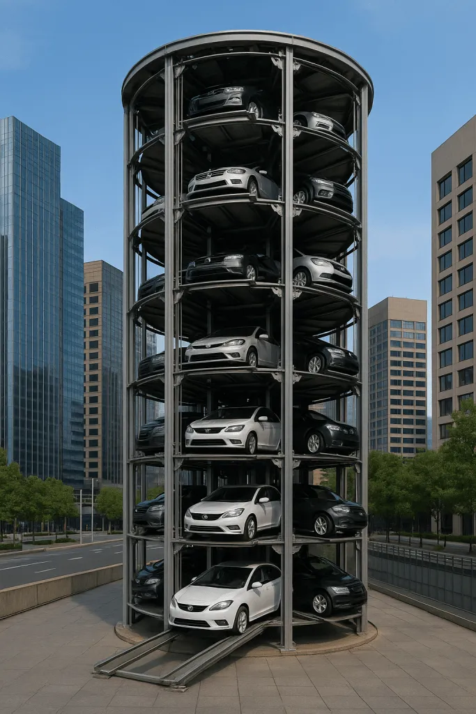 Torre de estacionamiento automatizada con autos almacenados en niveles verticales dentro de una ciudad moderna