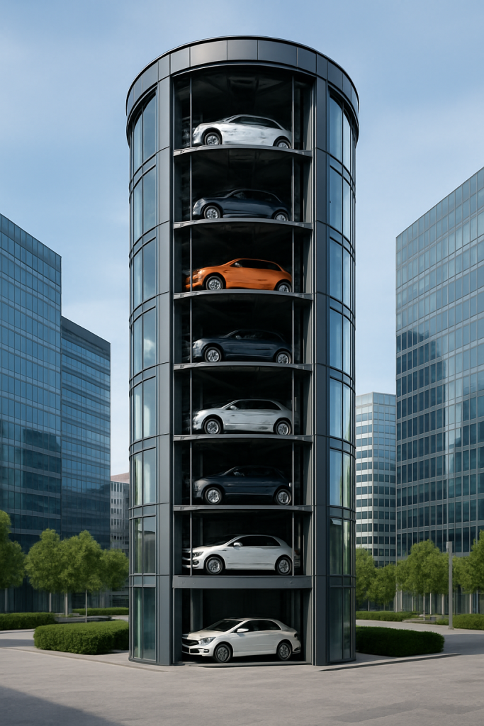 Torre automatizada de estacionamiento con elevadores para autos en varios niveles dentro de un entorno urbano moderno