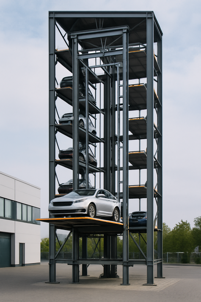 Estructura vertical de torre de estacionamiento automatizada con plataformas elevadas para autos