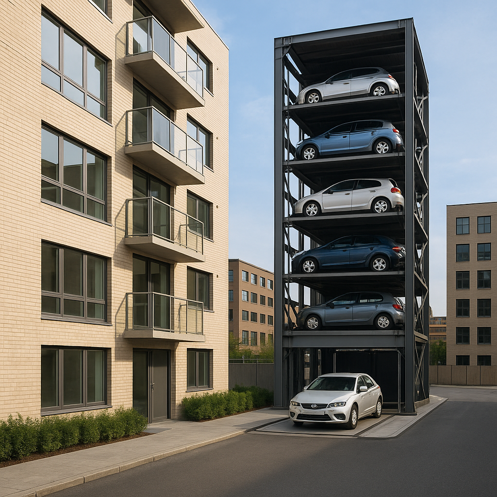 torre de estacionamiento automatizada con autos acomodados en niveles verticales