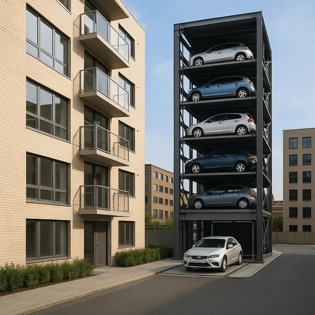 torre de estacionamiento automatizada con autos acomodados en niveles verticales