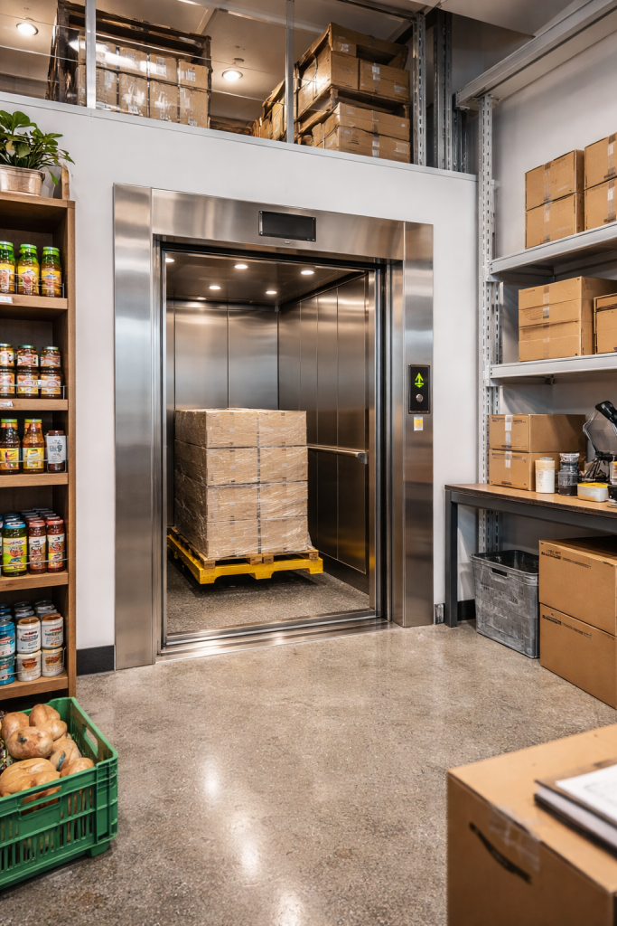 Montacargas eléctrico compacto instalado en comercio con bodega pequeña para transporte vertical de mercancías