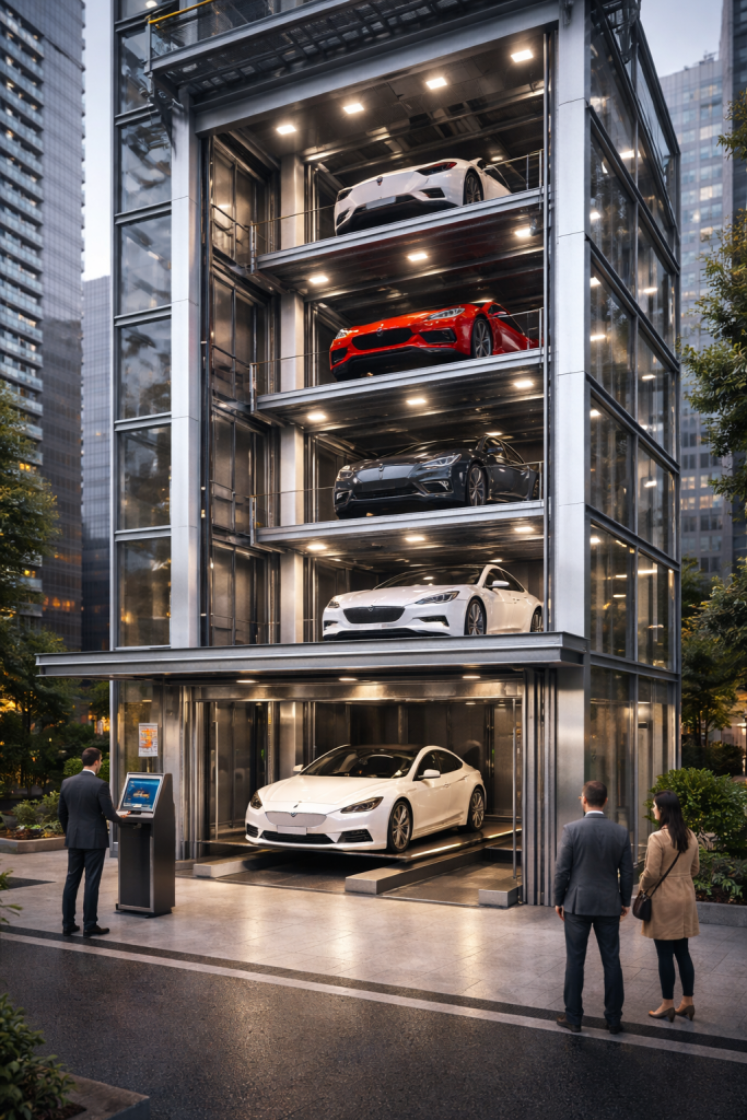 Sistema de estacionamiento automático vertical para edificios urbanos con plataformas elevadoras y estructura metálica moderna