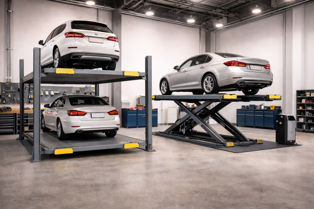 Elevadores para autos residenciales y comerciales tipo plataforma e hidráulicos instalados en estacionamiento moderno