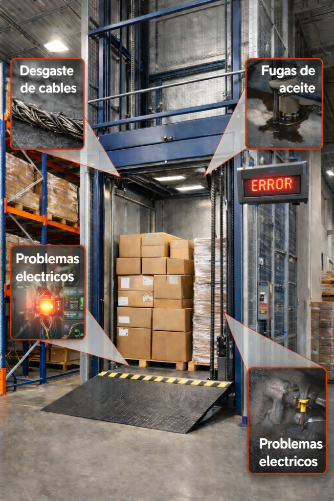Elevador montacargas industrial en operación con carga pesada mostrando fallas comunes que afectan el rendimiento de elevadores montacargas industriales