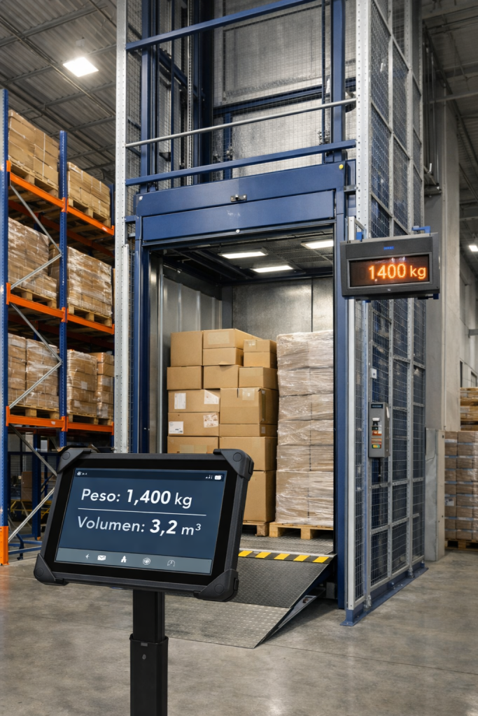 Montacargas industrial de carga en bodega logística calculando capacidad ideal según peso real y volumen de mercancía.