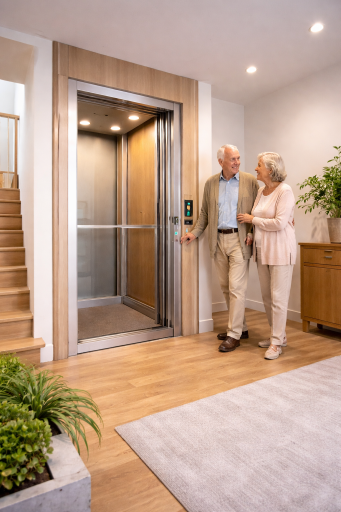 Elevador residencial silencioso instalado en vivienda moderna, diseñado para accesibilidad y uso seguro de adultos mayores