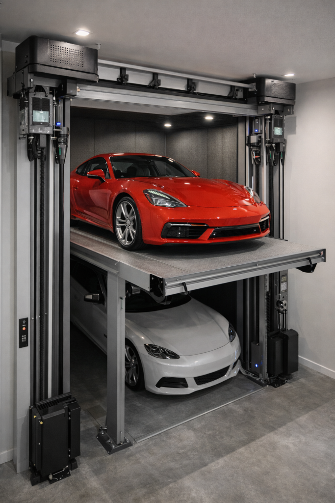 Elevador silencioso para autos en estacionamiento residencial con sistema de elevación avanzada y funcionamiento sin vibraciones.