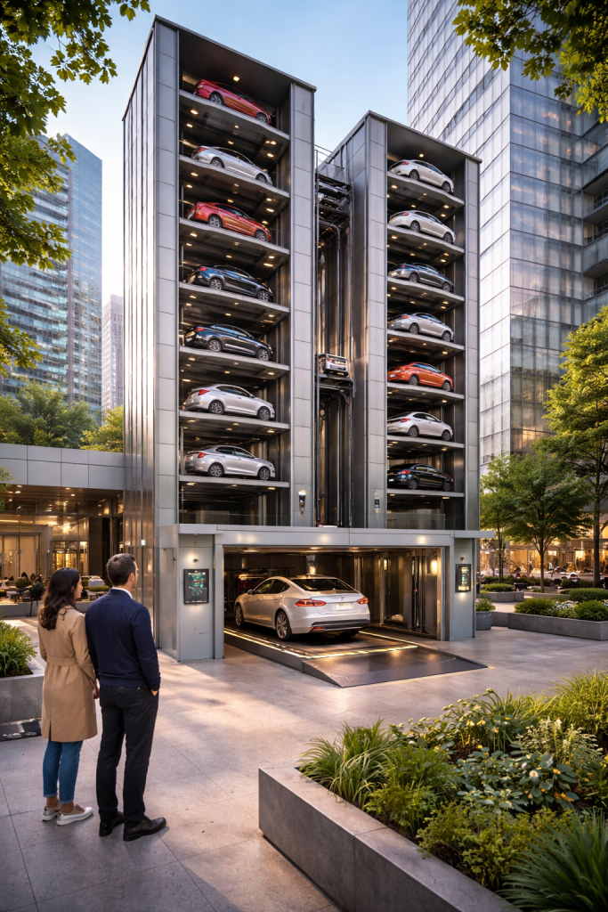Estacionamiento vertical inteligente con torres automatizadas integrado a entorno urbano moderno y edificios de alta densidad