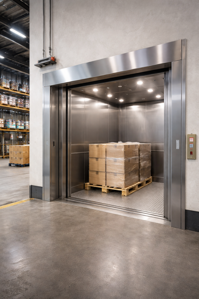 Montacargas industrial para operaciones continuas 24/7 instalado en planta logística con carga pesada y estructura reforzada