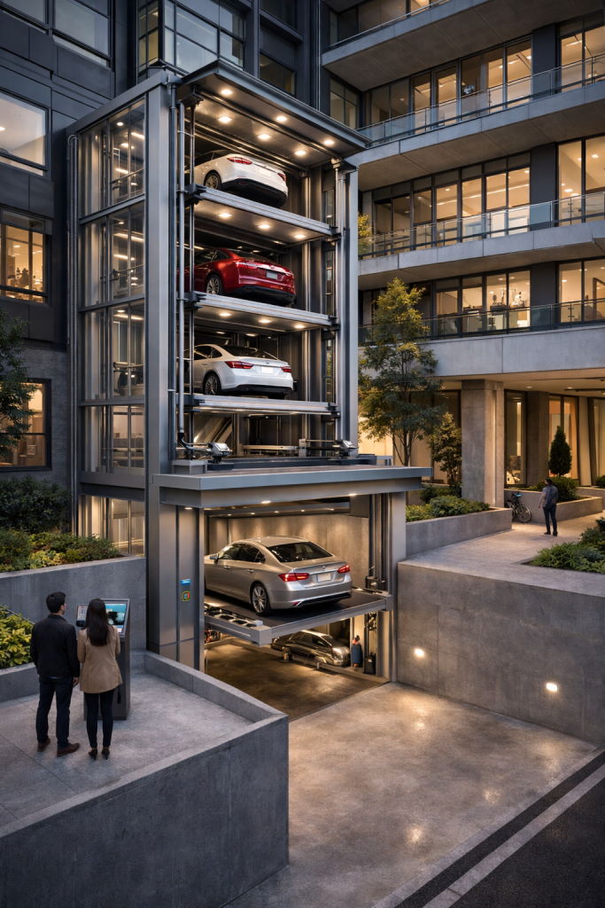 Instalación de elevadores de autos en edificios residenciales con sistema vertical integrado a estacionamiento subterráneo