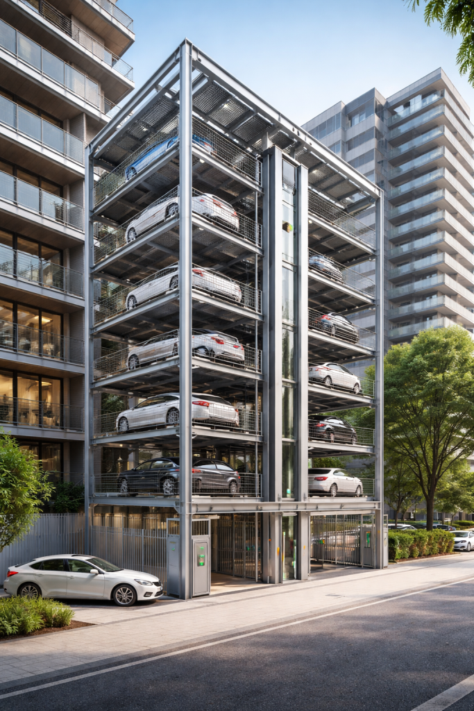 Estructura metálica de alta ingeniería de sistemas de estacionamiento vertical para edificios residenciales en un entorno moderno.