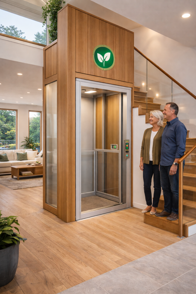 Elevador residencial compacto de bajo consumo energético instalado en vivienda moderna de varios niveles
