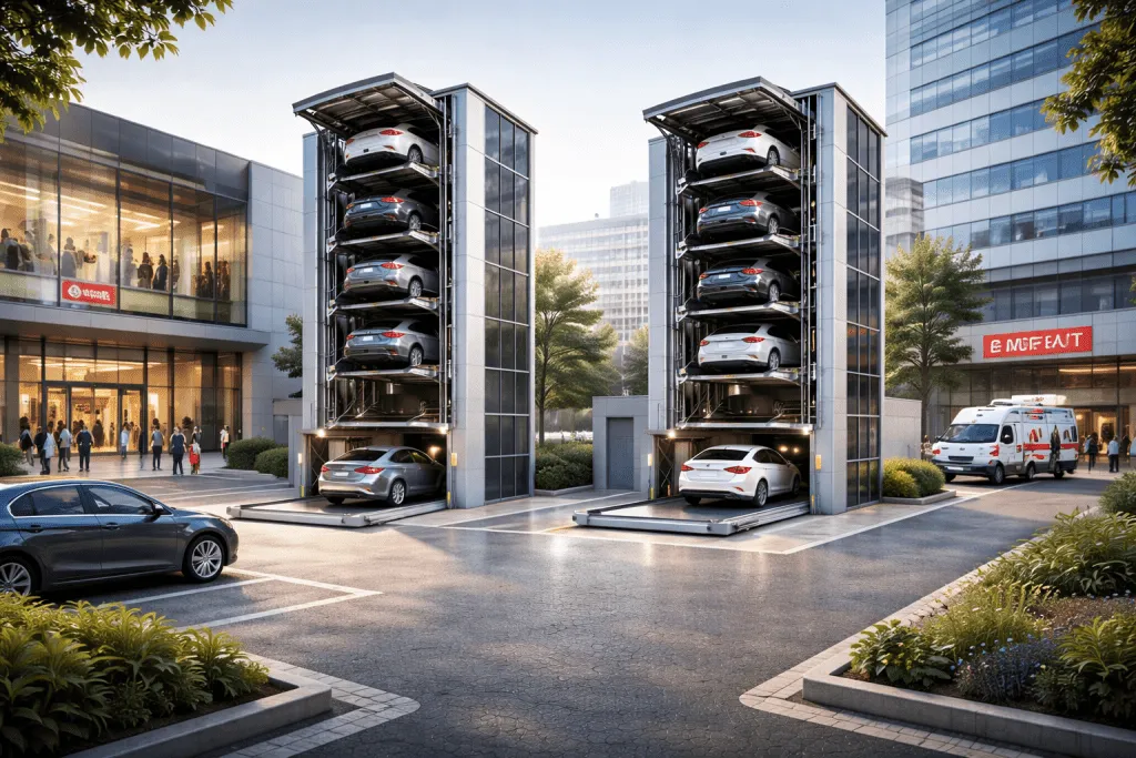 Torres de estacionamiento para hospitales y centros comerciales en zona urbana con edificios modernos y vehículos apilados