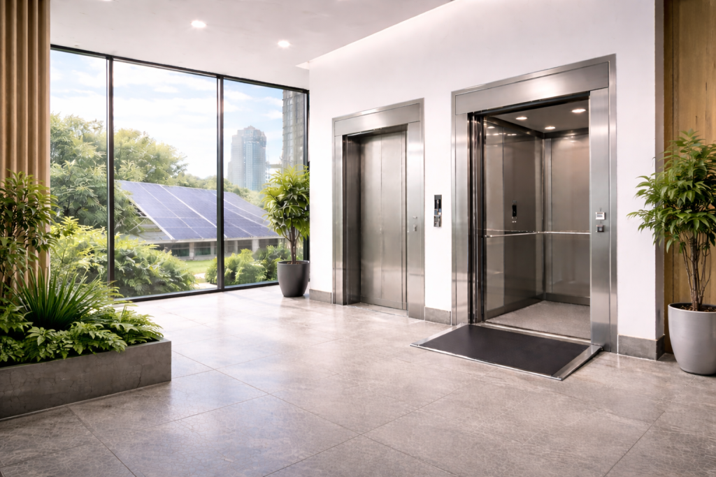 elevadores eficientes para reducir consumo eléctrico en edificios modernos con luz natural, vegetación interior y panel solar visible