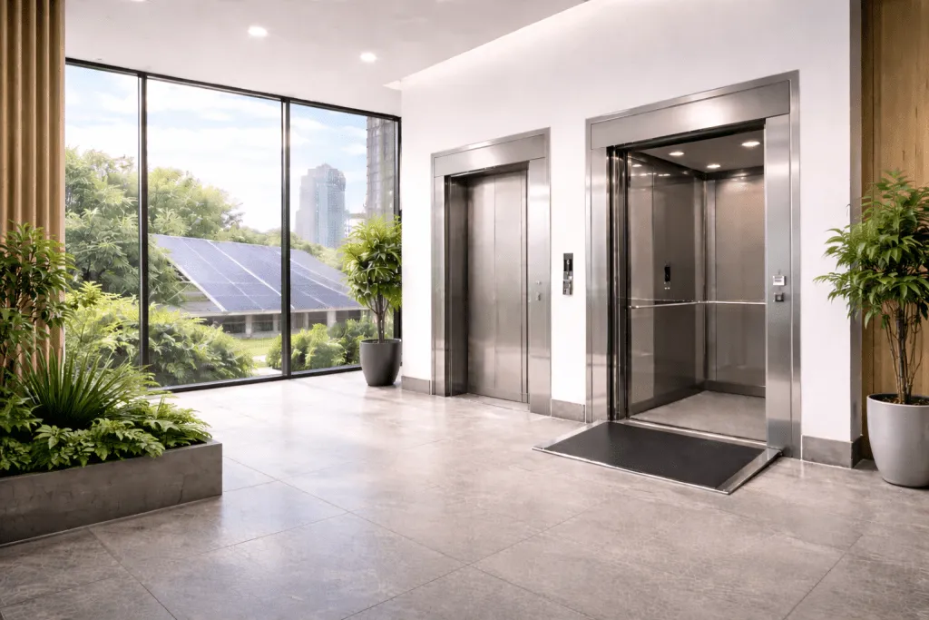 elevadores eficientes para reducir consumo eléctrico en edificios modernos con luz natural, vegetación interior y panel solar visible