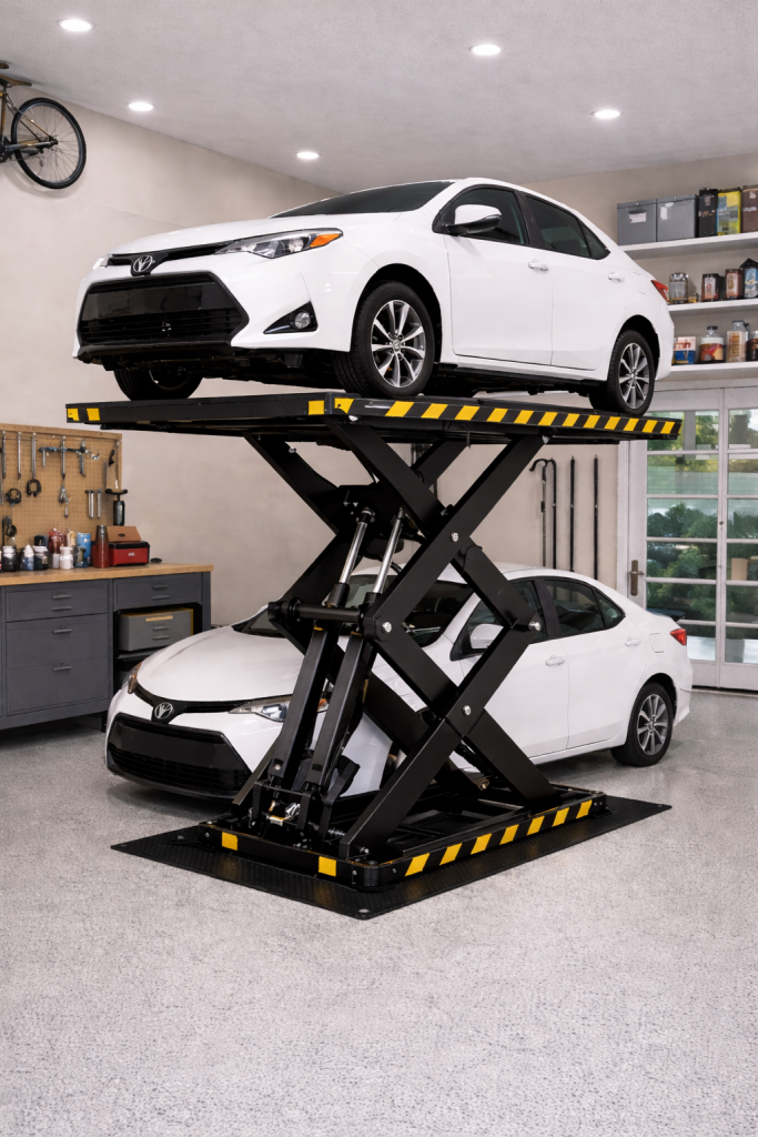 Elevador de estacionamiento residencial compacto y seguro elevando un auto en garaje doméstico ordenado y reducido