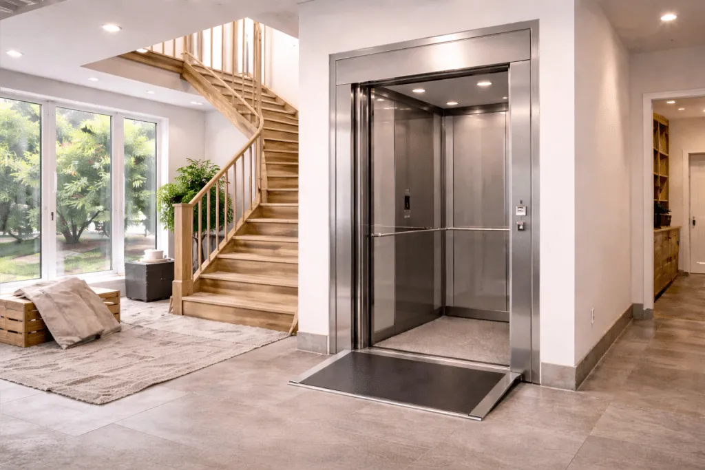 Elevador residencial sin foso instalado en vivienda moderna mostrando plataforma elevada junto a escalera interior