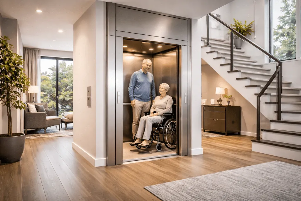 Elevadores para casa para adultos mayores instalados en vivienda moderna con cabina accesible y puertas amplias