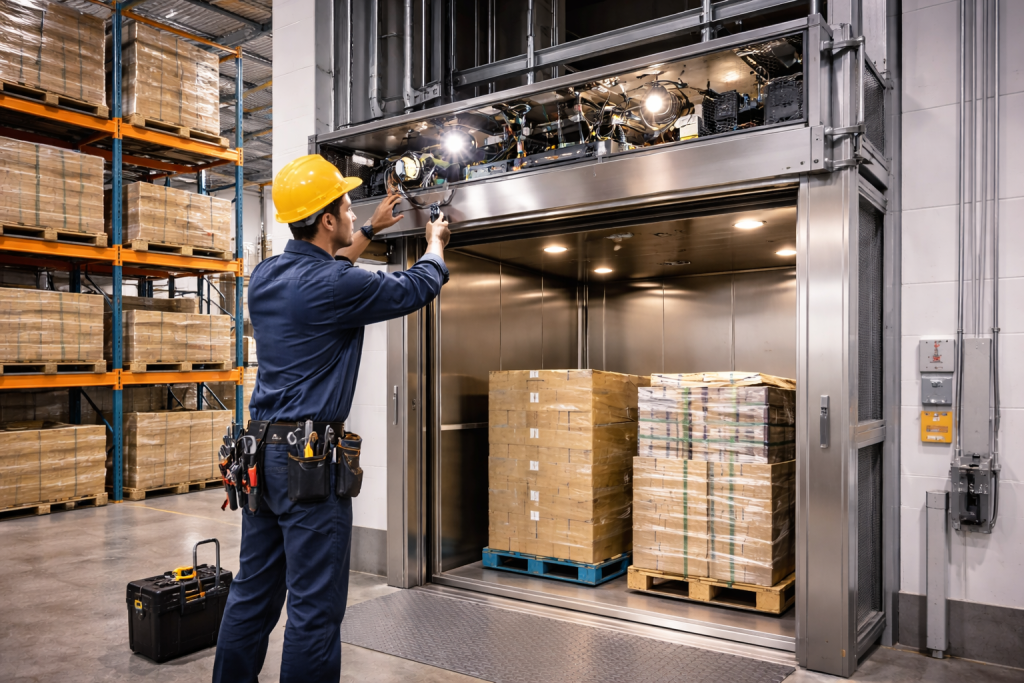 Técnico realizando mantenimiento preventivo de montacargas industrial en bodega con pallets y estructura metálica