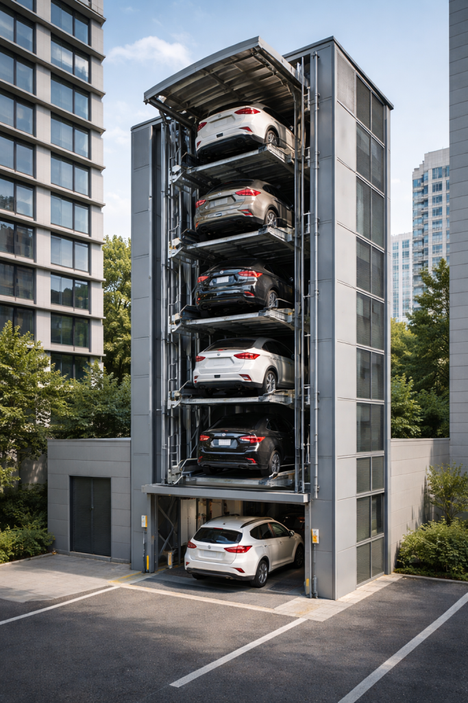 Torre de estacionamiento vertical para autos en edificio urbano con estructura metálica y vehículos apilados