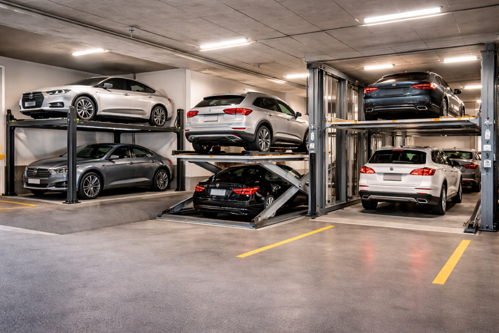 Elevadores para autos en estacionamientos residenciales y edificios levantando vehículos en parking subterráneo moderno