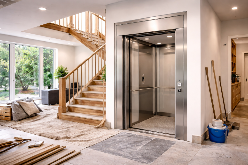Elevador residencial instalado durante remodelación familiar en vivienda moderna de dos pisos con iluminación natural