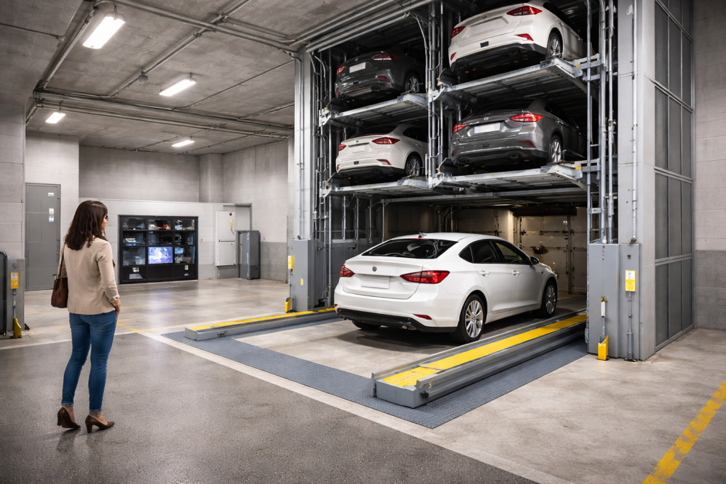 Estacionamiento vertical automatizado para edificios con torre metálica y autos almacenados en varios niveles