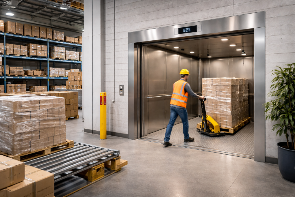 Montacargas industriales para centros comerciales y bodegas operando en área de carga con pallets y mercancía