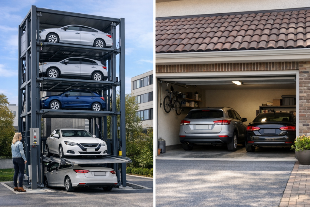 Sistema de estacionamiento vertical residencial instalado en vivienda comparado con cochera tradicional para dos vehículos